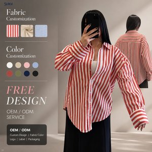 <span class=keywords><strong>Blusa</strong></span> Oversize de Manga Larga con Cuello Polo y Botones, Rayas Verticales Rojas y Blancas, de Poliéster y Spandex para Mujer al por Mayor - Product Image 1