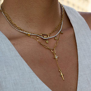 J & D Classic 18K Real Gold Plated Acero inoxidable Y Collar Crystal Star Charms Collar de gota - Product Image 5