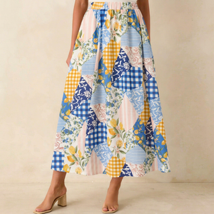 Jupe midi trapèze imprimée patchwork pour femme, taille élastique, en mousseline, style Prairie Chic, idéale pour l'été - Product Image 1