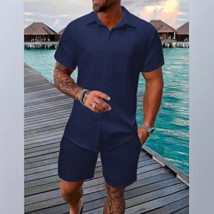 <span class=keywords><strong>Ensemble</strong></span> <span class=keywords><strong>chemise</strong></span> <span class=keywords><strong>et</strong></span> <span class=keywords><strong>short</strong></span> pour <span class=keywords><strong>homme</strong></span> de haute qualité, couleur unie noir <span class=keywords><strong>et</strong></span> blanc, manches courtes, texture à carreaux, style décontracté, pour la plage <span class=keywords><strong>et</strong></span> les activités de plein air - Product Image 3