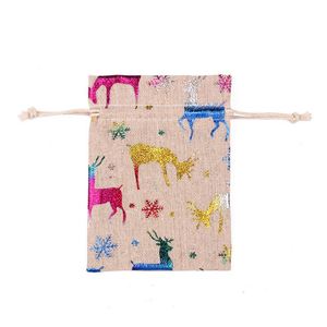 Sac de Noël en chanvre avec poignée en corde et impression dorée, sac à bonbons de Noël en coton et lin avec cordon de serrage, pochette cadeau festive - Product Image 6
