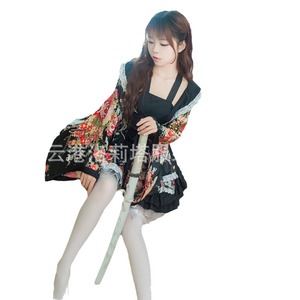 Maid Outfit Cosplay Costume Japanese Style Courtesan Modified Kimono Red And Black Polyester Fiber For Performance - Product Image 5