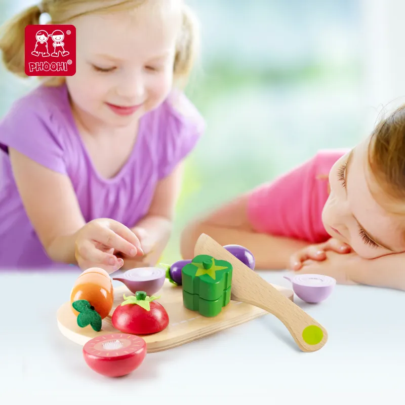 Phoohi नाटक खेलने खाद्य सेट बच्चों लकड़ी काटने रसोई सब्जी खिलौना बच्चों के लिए