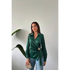 Blusa de Satén con Detalle de Botones Esmeralda, Estilo Vintage a Cuadros, Sólida, Formal para Uso Diario, Primavera, Verano, Otoño, Talla XL, con Encaje para Oficina - Product Image 6