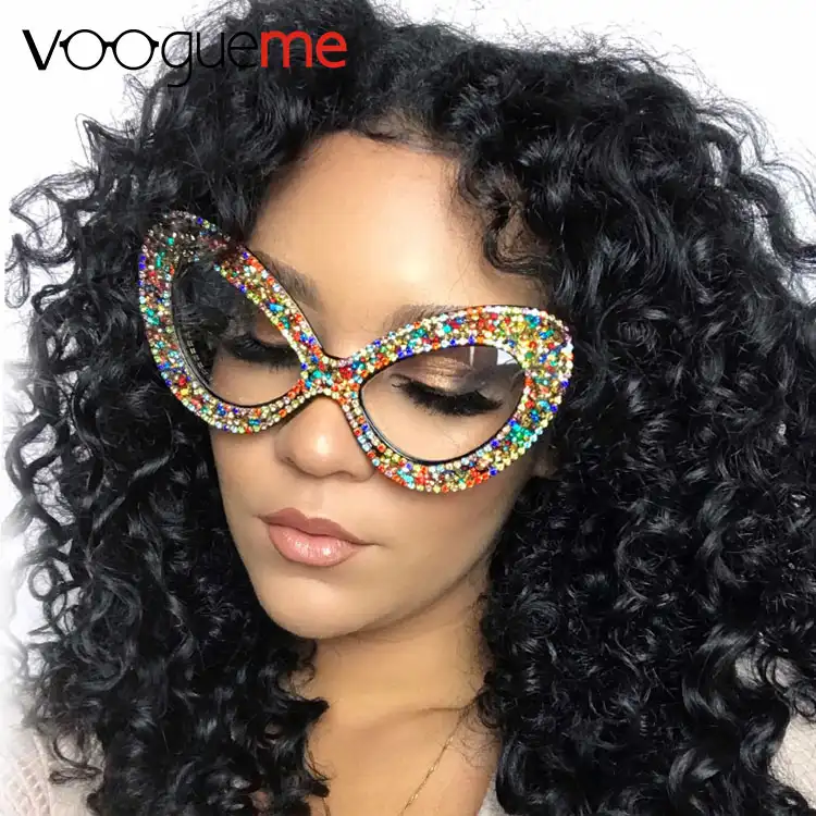 Voogueme Wholesale 2022 stylish Ladies Oversized Cat Eye Shape Colorful Bling Decoration Eyeglasses Rainbow Floral Diamond Frame