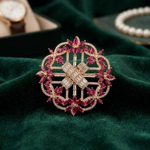 Premium 925 Sterling <b>Silver</b> <b>Brooch</b> with Ruby Pink Marquise Stones Moissanite Antique Gold Finish Luxury Floral Statement Jewelry - Product Image 4