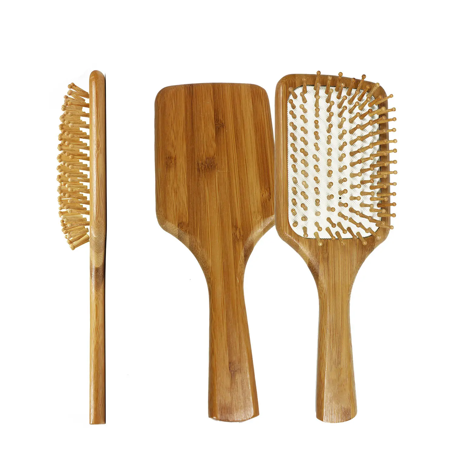 Customized Eco-friendly Bamboo Wood HairBrush Detangling Cushion Massage Scalp Soft Curly Air Paddle Hair Brush