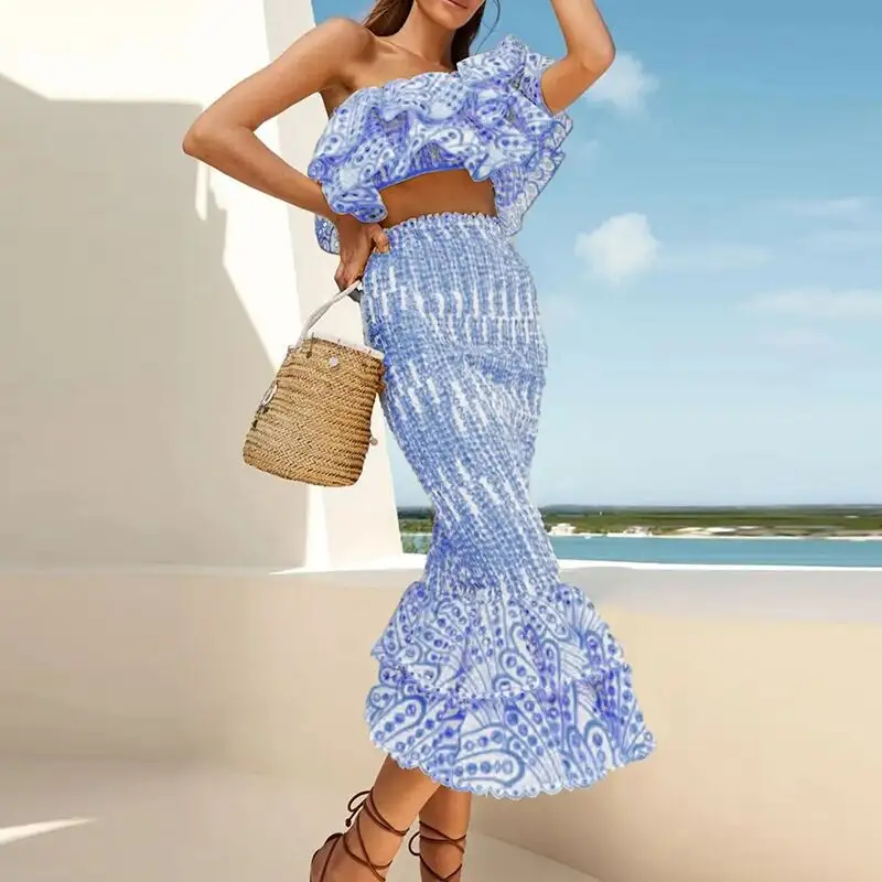 Seaside Holiday Style One-word Collar Short Top + High Waist Embroidered Hollow Out Package Hip Fishtail Skirt Long Skirt Suit
