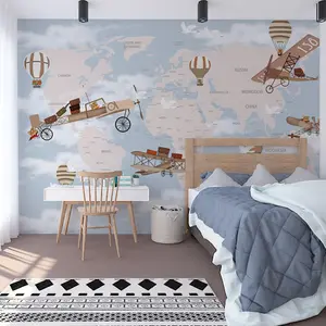 3D phim hoạt hình máy bay tường bao gồm phòng trẻ em phòng ngủ nền hình nền Cậu bé Đầu Giường lớp mẫu giáo bức tranh tường