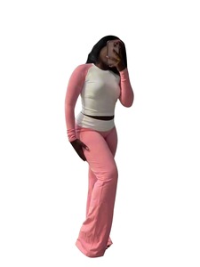 Conjunto de 2 piezas de manga larga con patrón sólido informal para mujer, pantalones ajustados de poliéster de otoño, traje cálido, cintura alta, color a juego - Product Image 3