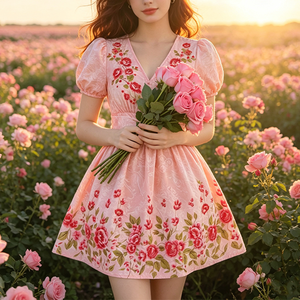 Abito da sera corto floreale da <span class=keywords><strong>donna</strong></span> stile <span class=keywords><strong>retrò</strong></span> francese, elegante e casual - Product Image 2