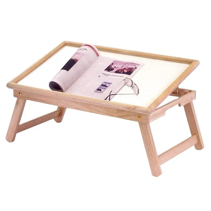 Meja Atas Baki Tempat Tidur Kayu Dapat Dibuka untuk Bekerja Membaca Kaki Lipat untuk Membuat Nampan Saji, Alami/Putih
