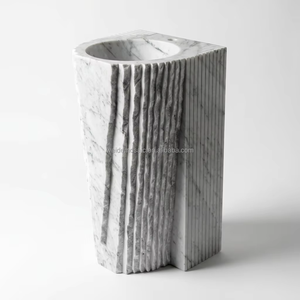 <span class=keywords><strong>Lavabo</strong></span> sur colonne texturé en marbre blanc de Carrare côtelé de qualité supérieure pour grossistes en équipements de salle de bain de luxe - Product Image 1