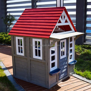 Casa de Juegos de Madera Resistente para Niños con Techo Rojo, Cocina de Juguete, Chimenea y Ventana de Servicio - Cabaña de Juegos para Exteriores Resistente a la Intemperie - Product Image 1