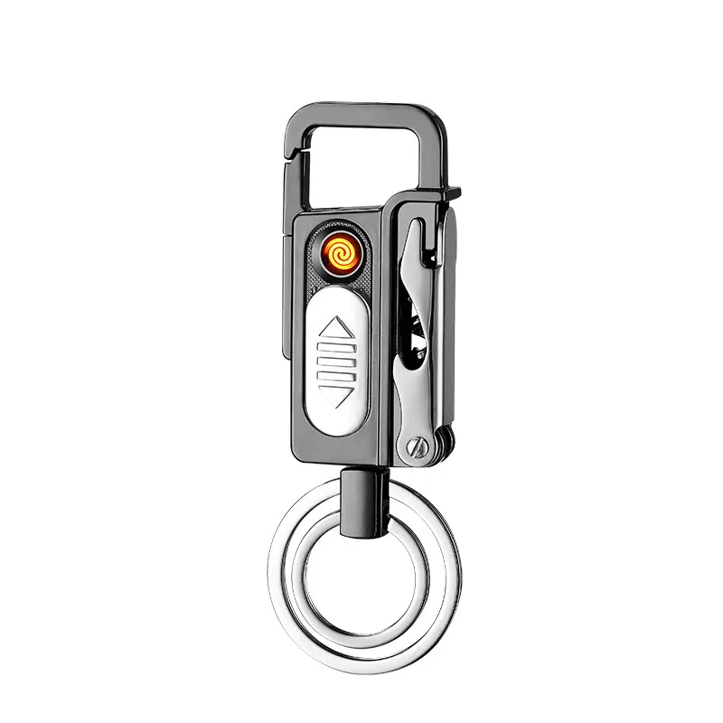 Multi-function KeyChain With USB Charging Lighter Wine Bottle Opener Folding Knife Flashlight Pendant Key Chain