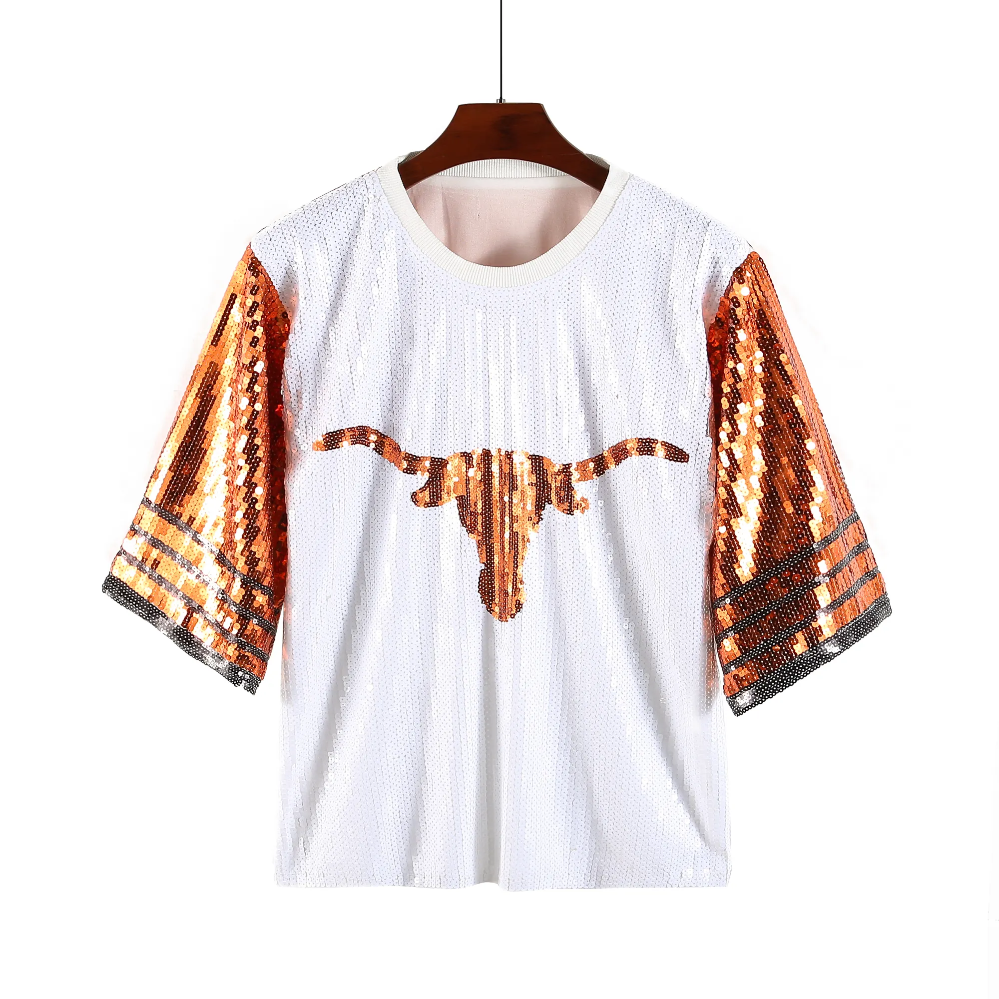 Oversize plus size longhorn Women Casual Fashion Bling Sequins T-Shirts Girl's Sexy Loose Short Sleeve sequins t shirt