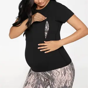 Eation High Quality Short Sleeves Nursing Tops Quick Dry Cotton Spandex Slim Fitted Maternity Shirts