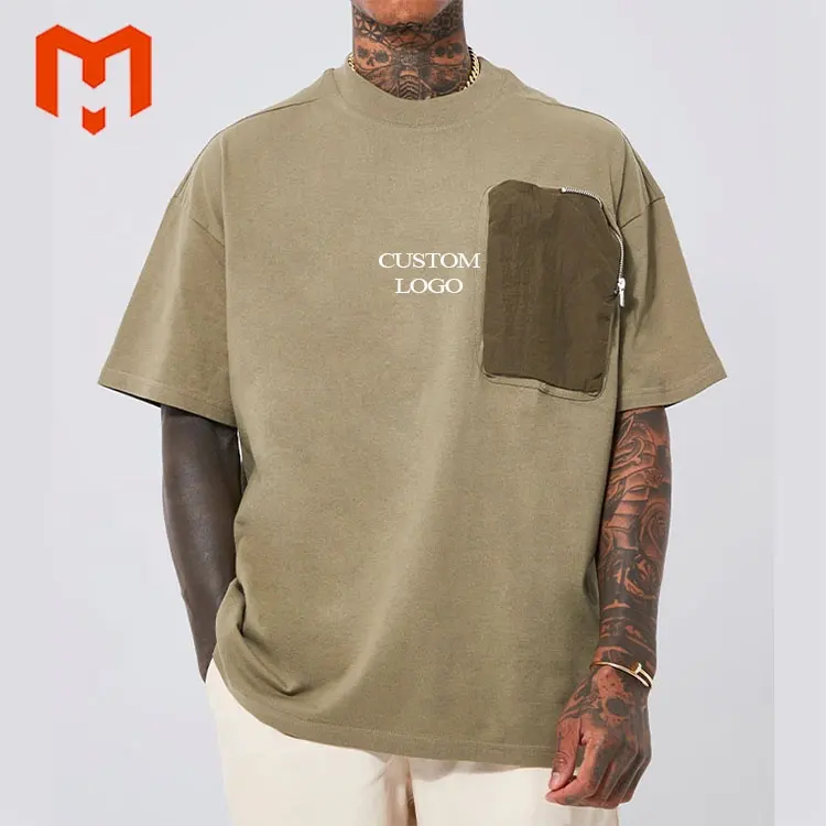Men T-shirt Printing Logo Heavyweight Gsm Cotton Tshirt Huge Front Zipper Pocket Mens Drop Shoulder T Shirt