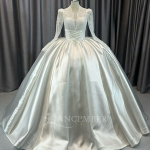 Lscm86 Elegante Vestido de Novia Blanco de Satén con Encaje, Manga Larga, Cintura Fruncida, Estilo Princesa, con Espalda de Encaje, Jancember - Product Image 1