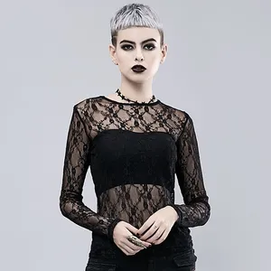 New Punk Gothic Dark Style T-Shirt Hollow Out Perspective Lace Long Sleeve Court Stage Performance Women's T-Shirt