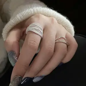 niche handmade layered silver ring multi-layer thread strands stacked exaggerated style ring cool and trendy for women