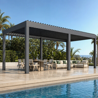 Gemotoriseerde bioklimatische aluminium pergola met regensensor en RGB-verlichting, waterdicht buitengazebo
