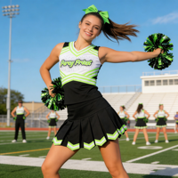 Ensemble de tenue de cheerleading de compétition haut de gamme, orné de strass, noir, vert, blanc, sans manches, pour équipe de cheerleading All Star