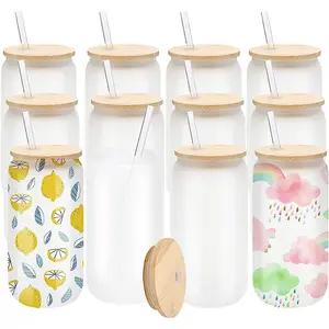 Şeffaf temizle 16oz Can boba bambu kapak DIY boş süblimasyon baskı hediye kupalar tumblers bambu kapaklı bira bardağı bardak