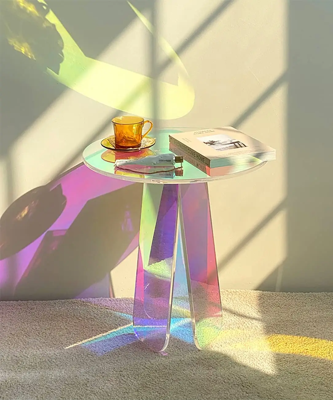Acrylic Side Table Iridescent End Table, Round Bedside Tables Clear Night Stands for Small Spaces, Bistro, Outdoors