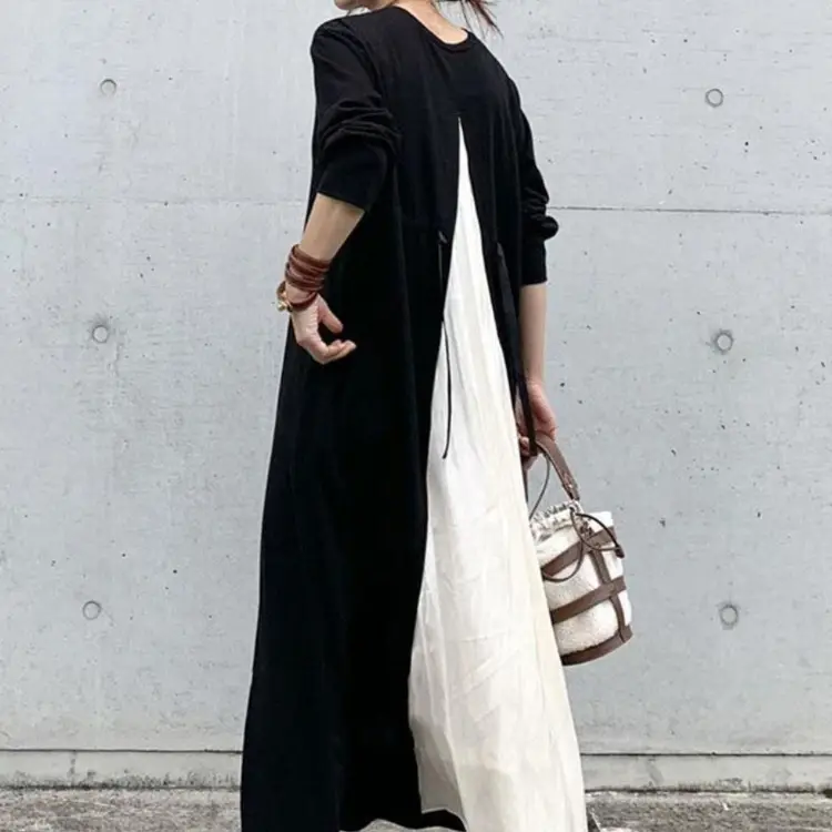 Boutique Wholesale 2024 Autumn New Fashionable Versatile Cotton Black and White Splicing Long Sleeved Women's Dresses