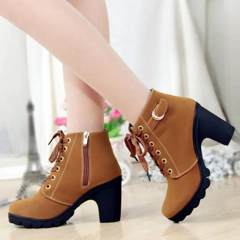 Winter Spring Short Boot Woman Ankle Boots Lace-up Ladies High Heel Feman Shoes Vintage Female Thick Square Heel Boots