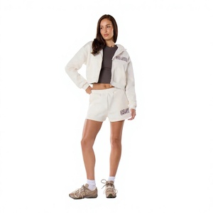Women's 2 Piece Hooded Fleece Shorts <b>Set</b> Solid Color Embroidered Letter Print Casual Spring Summer Wear Full Sleeve Regular Fit - Product Image 1