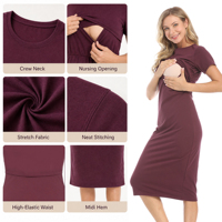 Robe de maternité à manches courtes, col rond, décontractée, pour allaitement, robe midi pour femmes enceintes, vêtements de grossesse quotidiens