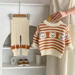Engepapa Roupas de outono para meninos, pulôver infantil 100% algodão listrado urso, malhas + calças, conjunto de 2 peças, roupas de bebê da moda