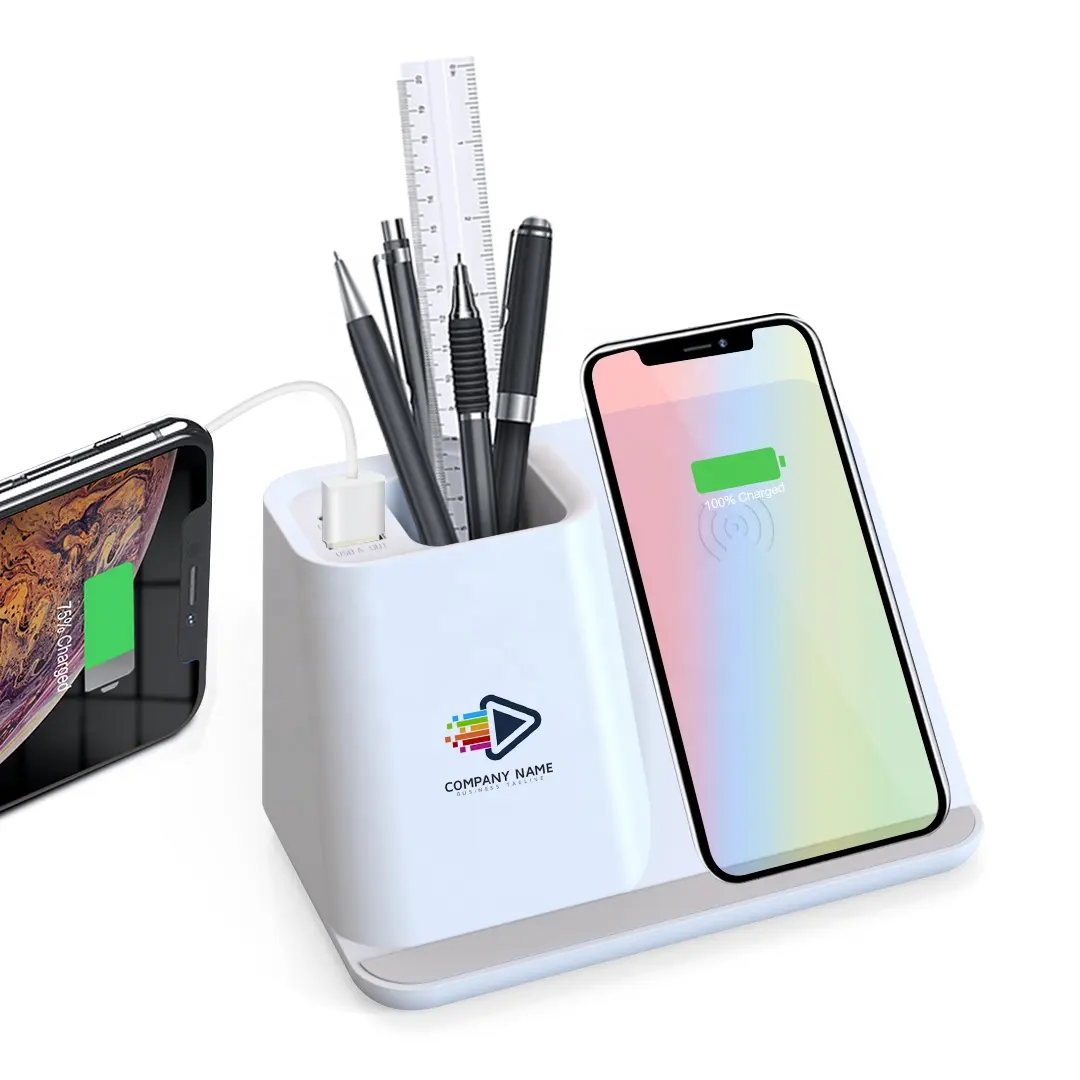 Wireless Charger Stand Phone Charger Pen Cup Pencil Pen Holder With Type C and USB ports for office