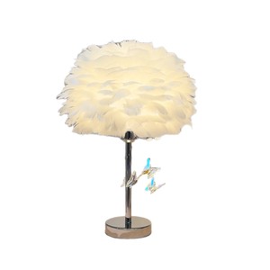 Feather Table Lamp With Crystal Butterflies LED Warm <b>Light</b> Bedroom Bedside Decoration Creamy Style Romantic Atmosphere Lamp - Product Image 5