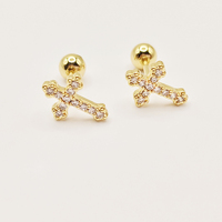 Boucles d'oreilles clous, croix, cartilage, hélix, tragus, conque, avec pavé de zircon cubique et boule à vis, style gothique, en cuivre plaqué or pour femmes Yiwu