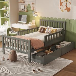 <span class=keywords><strong>Lit</strong></span> double moderne en bois massif pour enfants <span class=keywords><strong>avec</strong></span> barrières de sécurité et <span class=keywords><strong>2</strong></span> tiroirs, <span class=keywords><strong>lit</strong></span> plateforme <span class=keywords><strong>avec</strong></span> garde-corps des deux côtés - Product Image 2