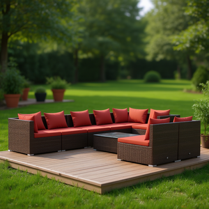 Set Lounge da Giardino Marrone con Cuscini Rosso Cannella, Mobili da Esterno in Rattan, 10 Posti, Design Contemporaneo - Product Image 2