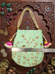 Handmade Indian Mint <b>Green</b> Zardozi Embroidered Silk Saddle Bridal Potli <b>Bag</b> Drawstring Closure for Party Wear Multiple Events - Product Image 4