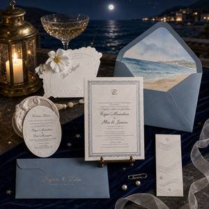 Ensemble de cartes d'invitation de <span class=keywords><strong>mariage</strong></span> personnalisées avec <span class=keywords><strong>enveloppe</strong></span>, bordure en <span class=keywords><strong>dentelle</strong></span>, monogramme argenté, motif aquarelle plage et motif éventail - Product Image 3
