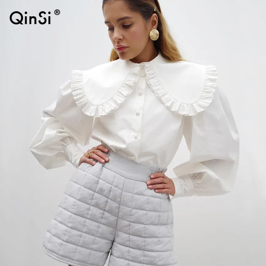 QINSI Vintage Doll Collar Women Blouse Shirts Autumn Winter Thicken Female Blouse Tops Workwear Purple Shirts 2022