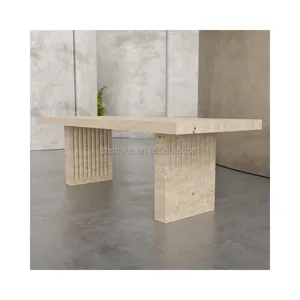 SHIHUI Customized Natural Stone Dining Room Furniture Rectangular Carved Large Beige Marble Travertine Dining Table