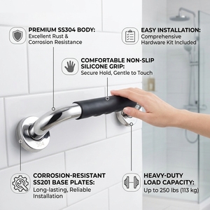 Wall-Mounted Stainless Steel Grab Bar With Anti-Slip <b>Black</b> Grip Polished Chrome Finish Bathroom Safety Handle Contemporary - Product Image 3