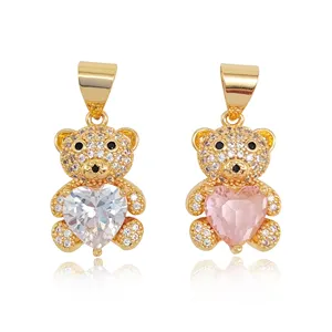 Wholesale Oro Laminado 18K Gold Plated Bear Shape Hugging Heart Zircon High Quality Pendant Animal jewelry Charm For Women
