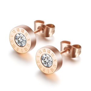 Stud Earrings Rose Gold Round Zircon Roman Numerals 8mm Fashion Jewelry - Product Image 4