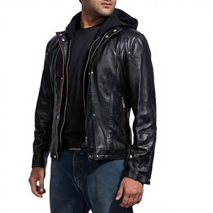 Veste en cuir pour homme avec col à capuche, fermeture éclair, style bomber, logo personnalisé, service OEM - Product Image 4