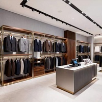 Étagère de présentation de vêtements de luxe avec cadre en métal doré, bois de noyer, éclairage LED, étagère murale pour boutique avec tiroirs de rangement
