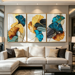 Modern Custom Glitter Gold Teal Ginkgo Leaf 3 Panel Wall Art <b>Framed</b> Abstract Living Room LED Crystal Porcelain <b>painting</b> Decor - Product Image 2