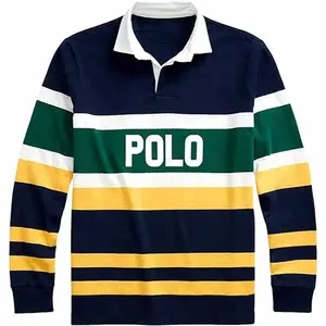 Kaus Polo Rugby pria, kaus Polo Rugby gaya Australia Amerika lengan panjang bergaris grosir berat kustom